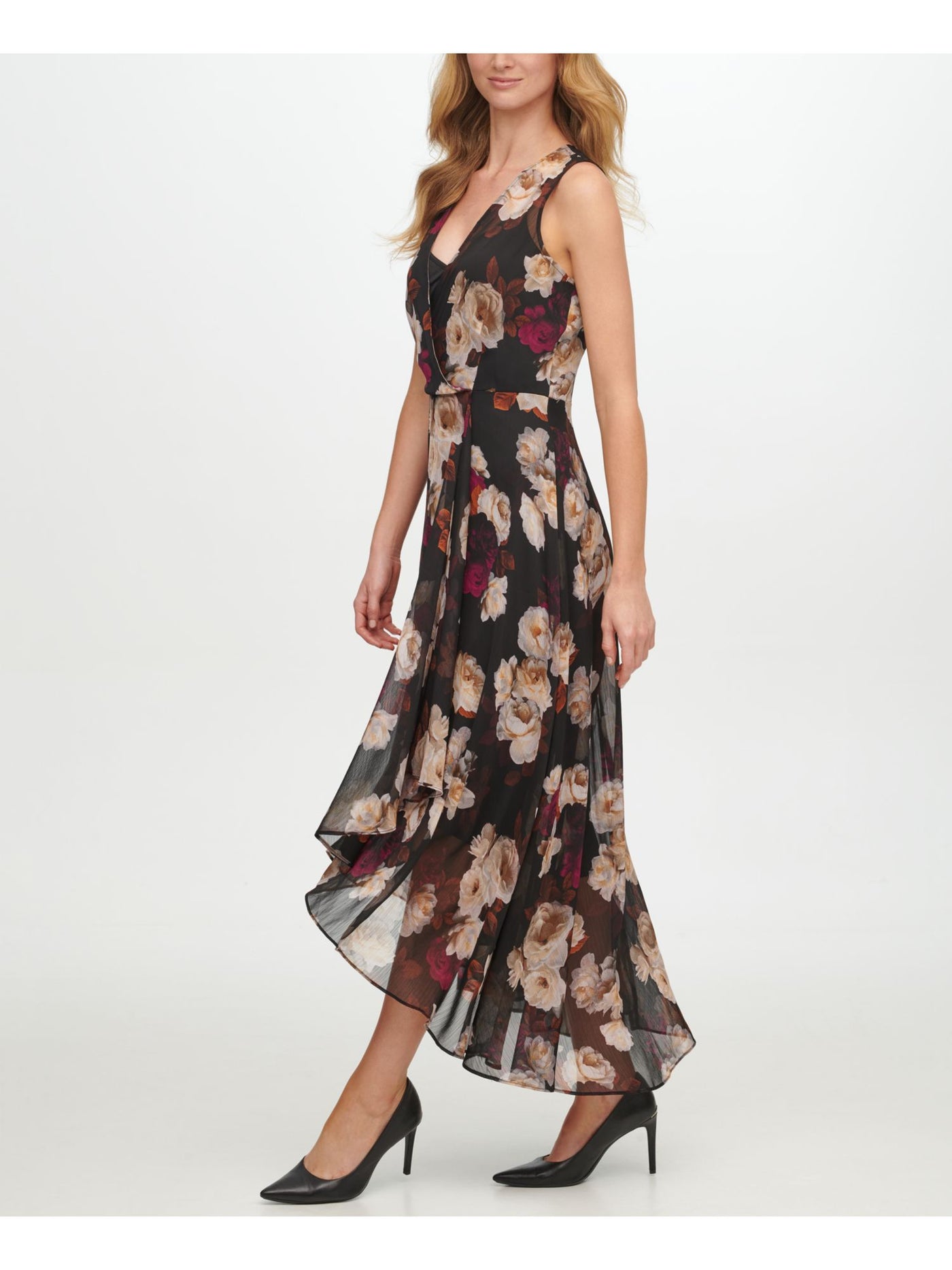 CALVIN KLEIN Womens Black Floral Surplice Neckline Maxi Fit + Flare Dress 12