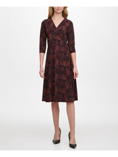 TOMMY HILFIGER Womens Black Tie Paisley 3/4 Sleeve Surplice Neckline Below The Knee Fit + Flare Dress 8