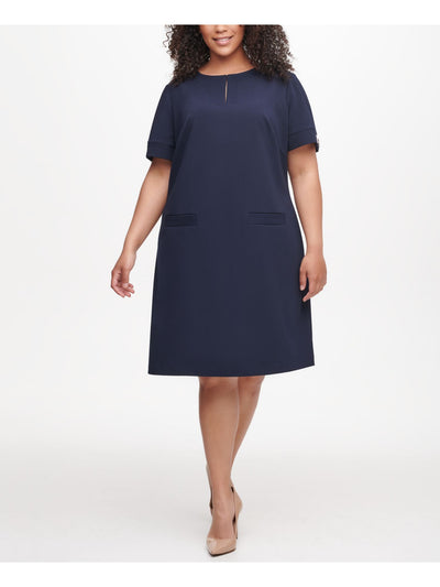 TOMMY HILFIGER Womens Blue Embellished Zippered Split Short Sleeve Crew Neck Knee Length Cocktail Shift Dress Plus 20W