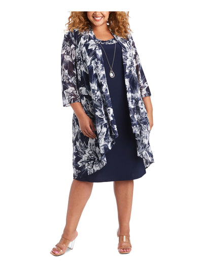 R&M RICHARDS WOMAN Womens Navy Sheer Shoulder Pads Printed 3/4 Sleeve Open Front Waterfall Cardigan Plus 22W