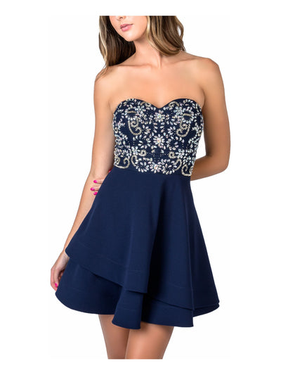 B DARLIN Womens Navy Embellished Strapless Sweetheart Neckline Mini Party A-Line Dress 1\2