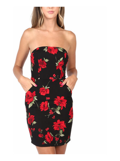 B DARLIN Womens Black Stretch Zippered Pocketed Floral Strapless Short Evening Body Con Dress 11\12