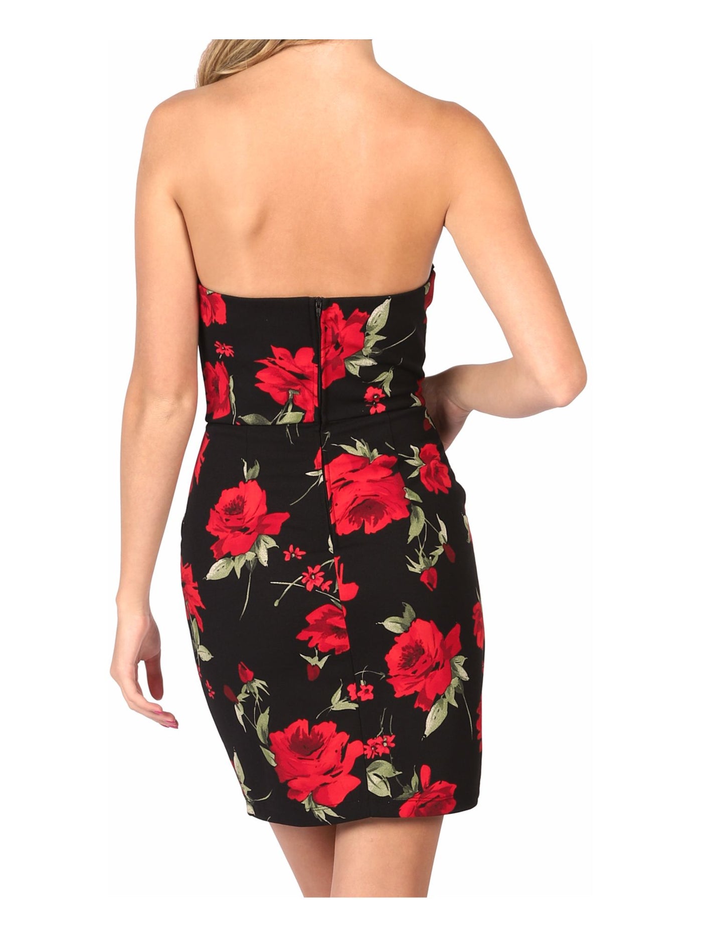 B DARLIN Womens Black Stretch Zippered Pocketed Floral Strapless Short Evening Body Con Dress 11\12