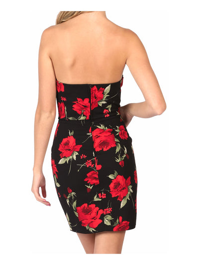 B DARLIN Womens Black Stretch Zippered Pocketed Floral Strapless Short Evening Body Con Dress 1\2