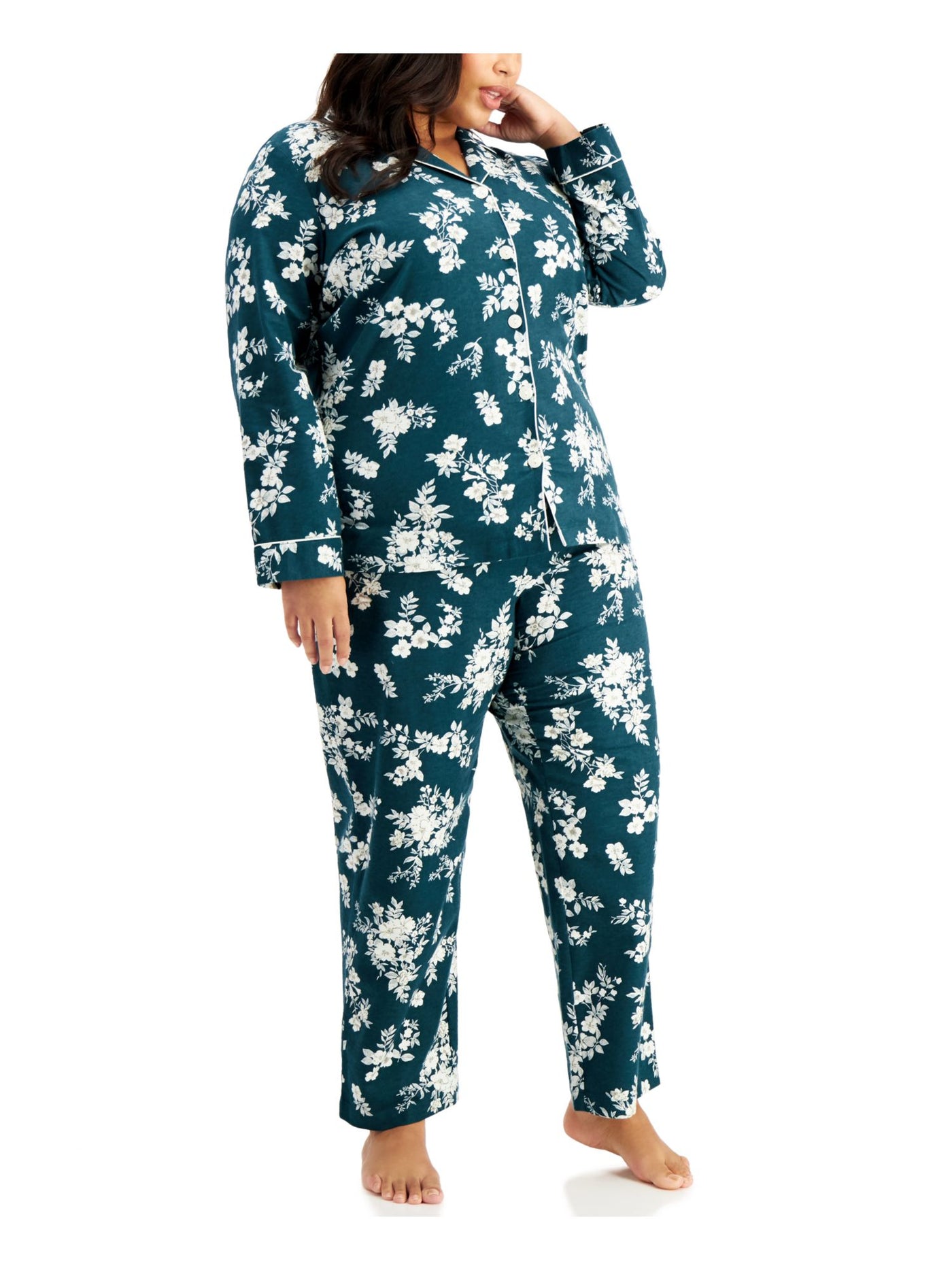 CHARTER CLUB Womens Green Floral Notched Collar Long Sleeve Button Up Top Straight leg Pants Flannel Pajamas Plus 2X