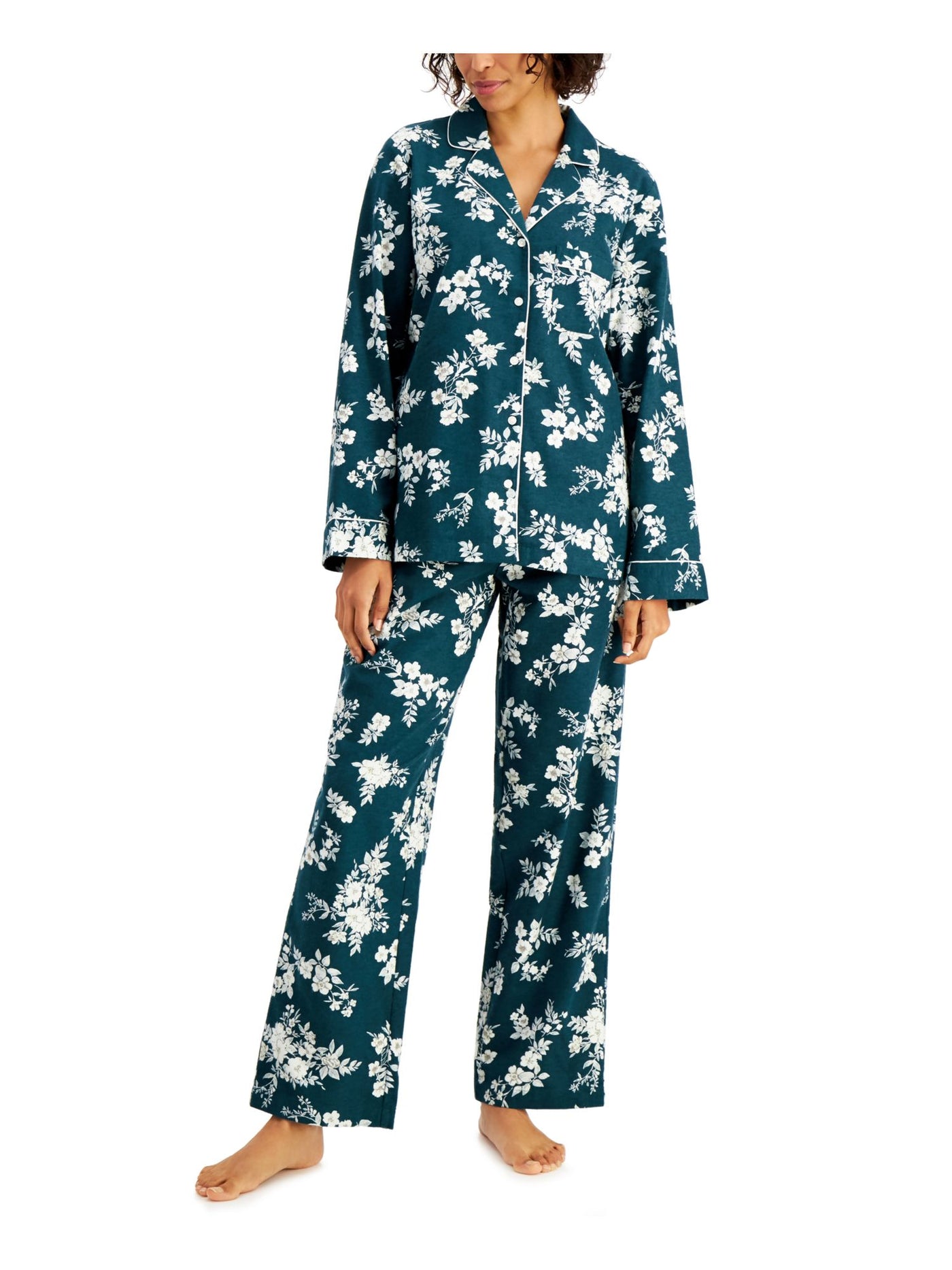 CHARTER CLUB Womens Green Floral Notched Collar Long Sleeve Button Up Top Straight leg Pants Flannel Pajamas Plus 1X