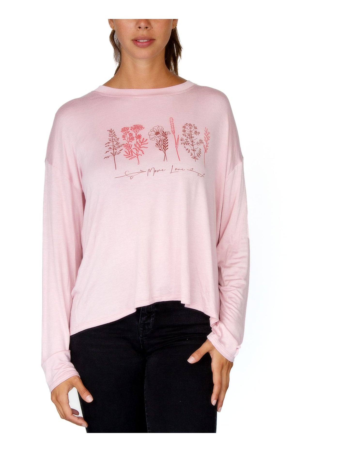 REBELLIOUS ONE Womens Pink Stretch Short Length Graphic Long Sleeve Crew Neck Top L