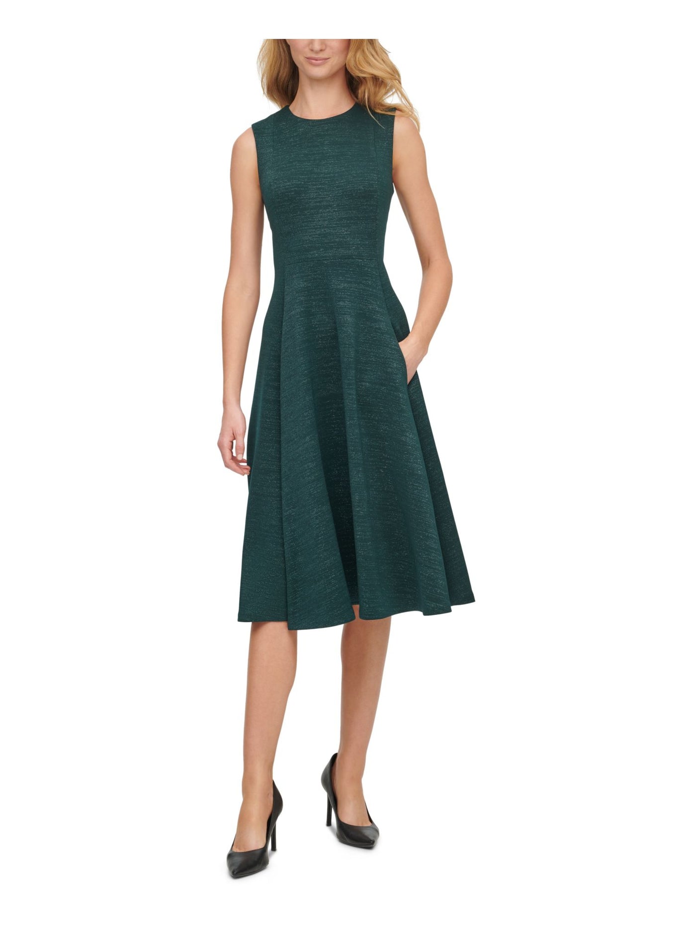 CALVIN KLEIN Womens Green Glitter Sleeveless Midi Evening Ruffled Dress 6