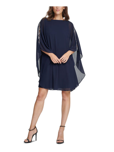 VINCE CAMUTO Womens Navy Zippered Embellished Cape Overlay Flutter Sleeve Round Neck Above The Knee Party Sheath Dress Petites 6P