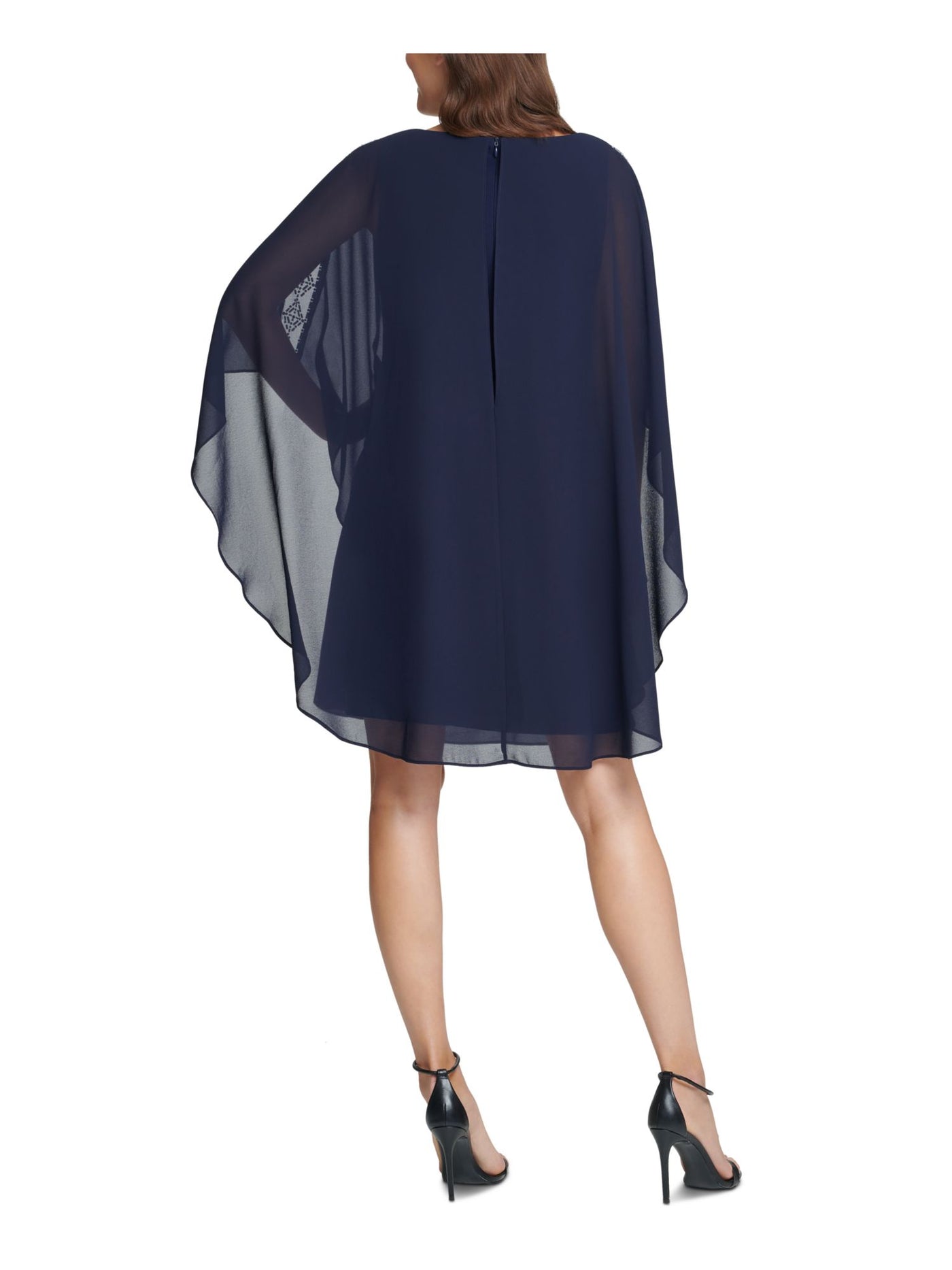 VINCE CAMUTO Womens Navy Zippered Embellished Cape Overlay Flutter Sleeve Round Neck Above The Knee Party Sheath Dress Petites 6P