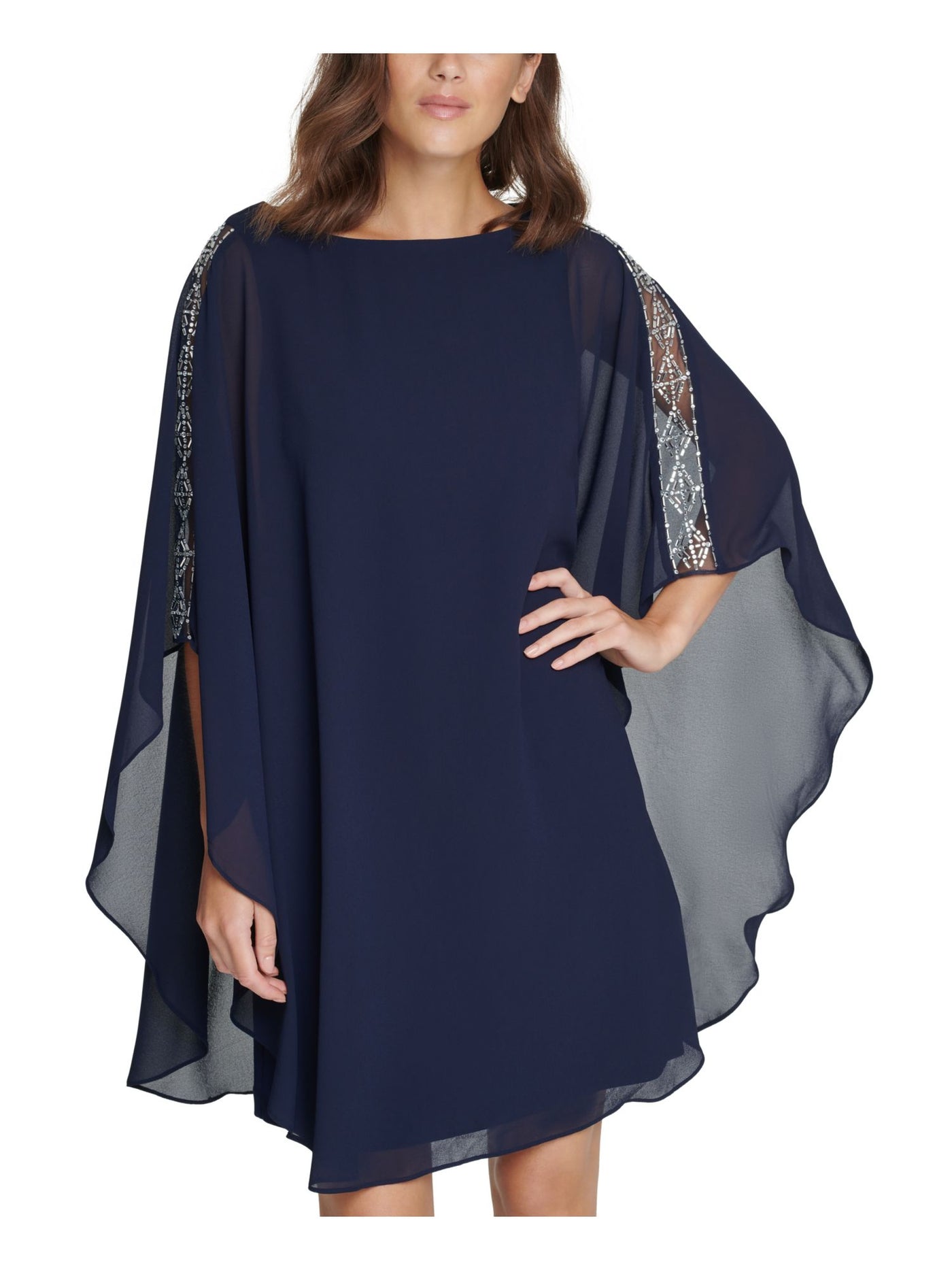 VINCE CAMUTO Womens Navy Zippered Embellished Cape Overlay Flutter Sleeve Round Neck Above The Knee Party Sheath Dress Petites 6P