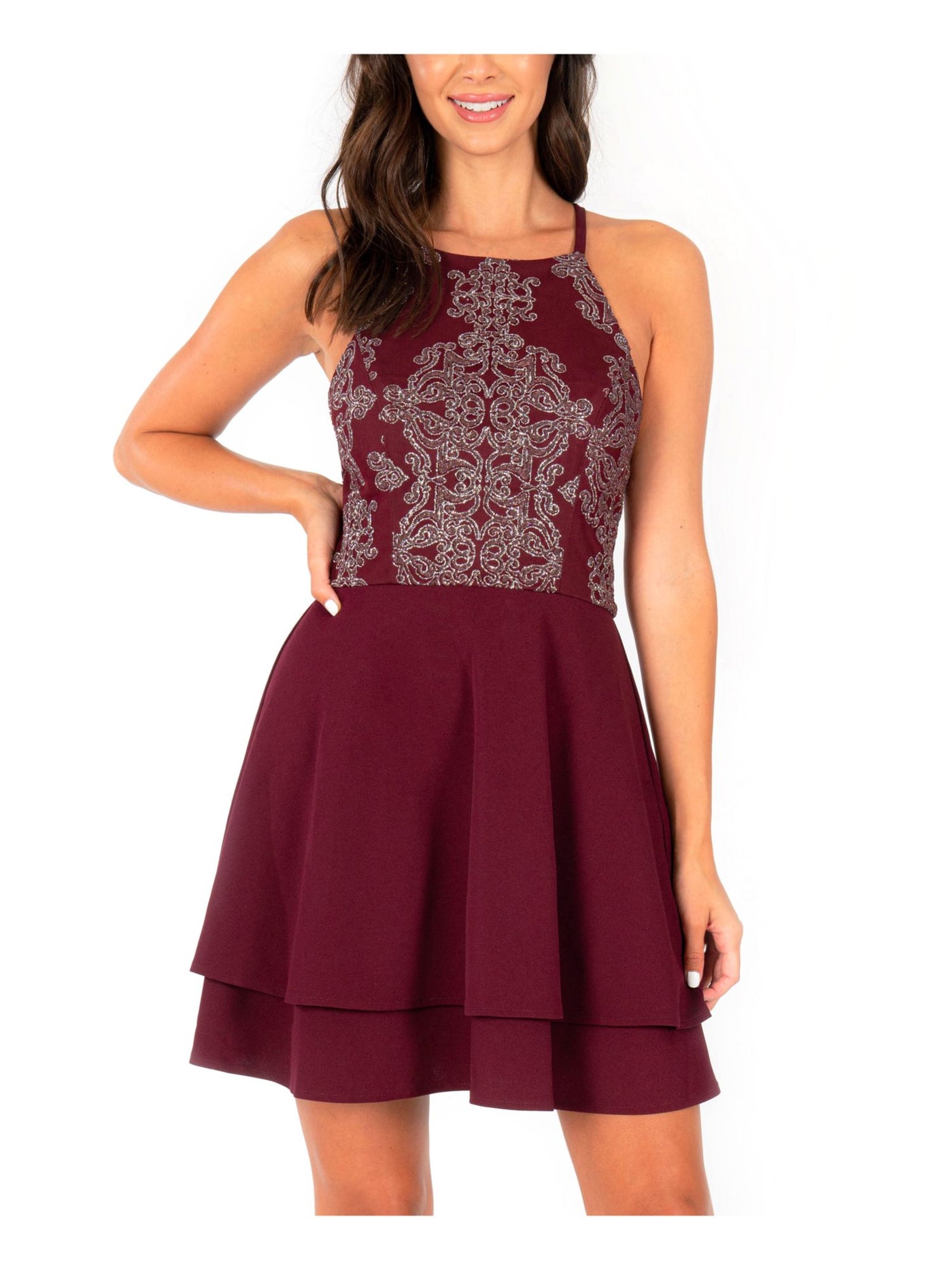 SPEECHLESS Womens Burgundy Glitter Embellished Halter Short Formal Layered Dress 13