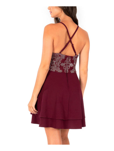 SPEECHLESS Womens Burgundy Glitter Embellished Halter Short Formal Layered Dress 13