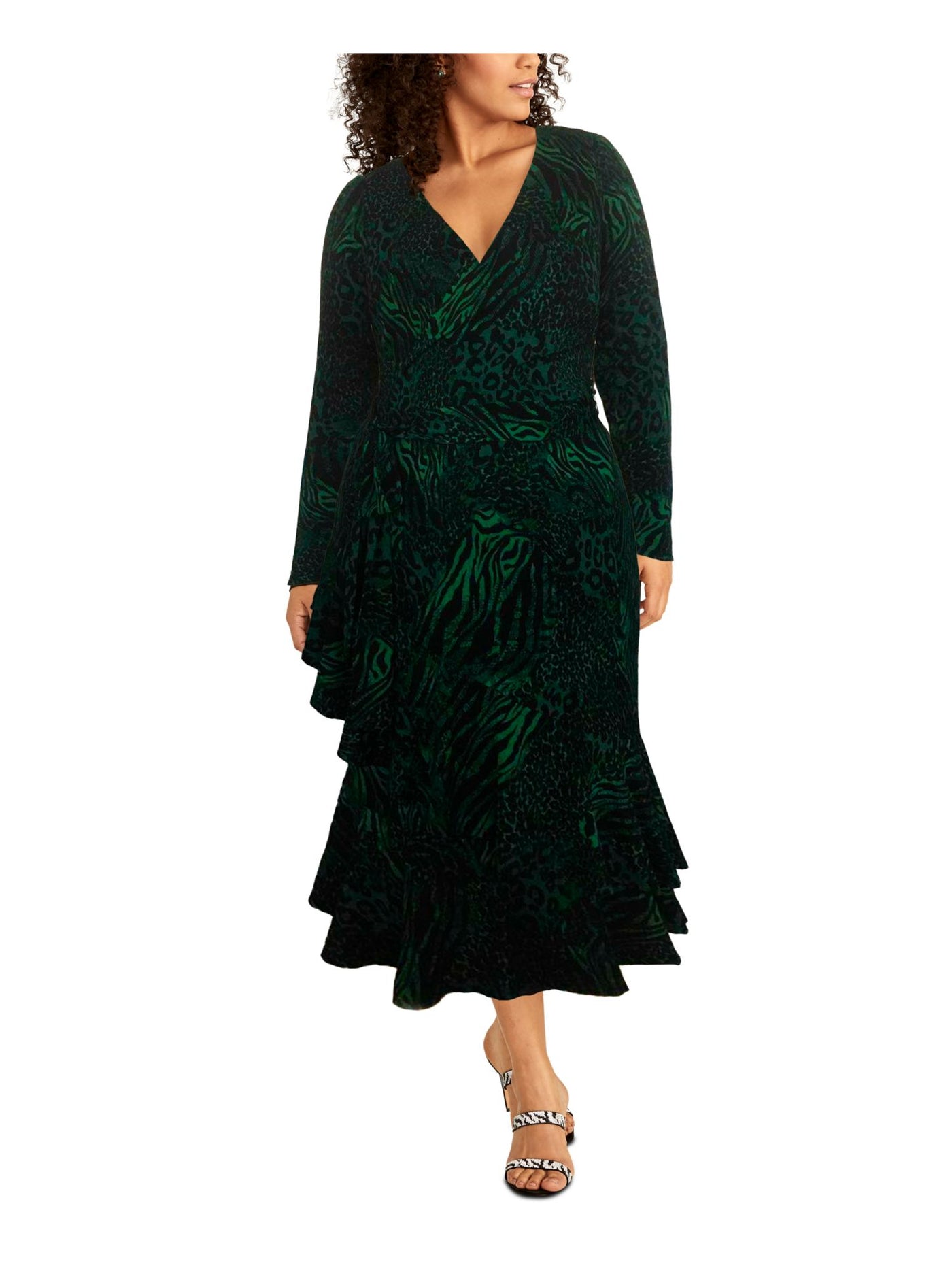 RACHEL ROY Womens Green Belted Ruffled Hidden Zipper Surplice Neckline Evening Faux Wrap Dress Plus 1X