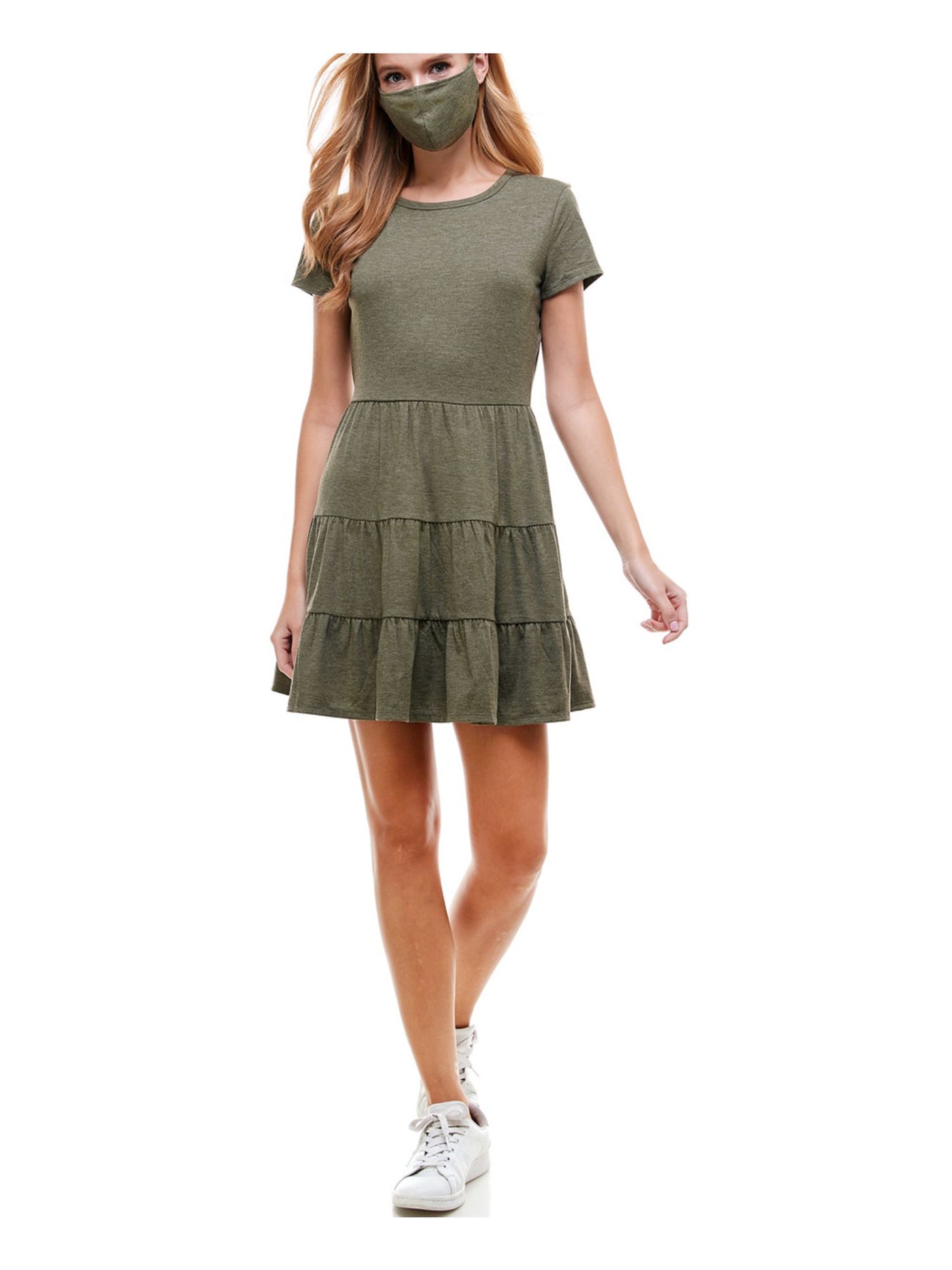 BEBOP Womens Green Short Sleeve Crew Neck Short Fit + Flare Dress S