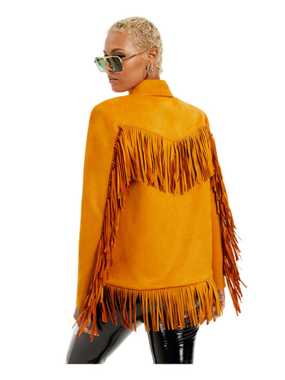 DANIELLE BERNSTEIN Womens Gold Fringed Faux Suede Pocketed Button Down Jacket XS