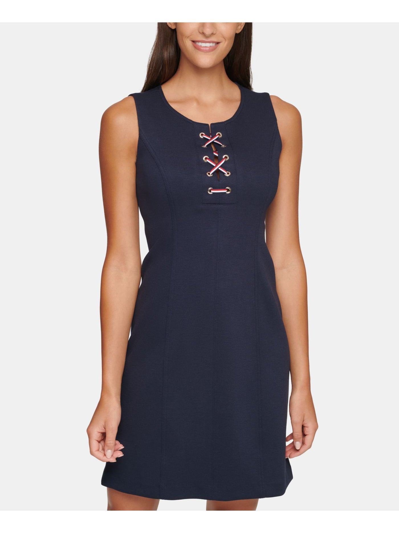 TOMMY HILFIGER Womens Navy Sleeveless Crew Neck Wear To Work Sheath Dress 18