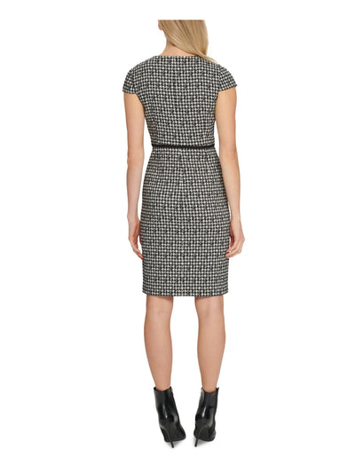 DKNY Womens Black Pocketed Zippered Houndstooth Cap Sleeve Scoop Neck Knee Length Wear To Work Sheath Dress 2