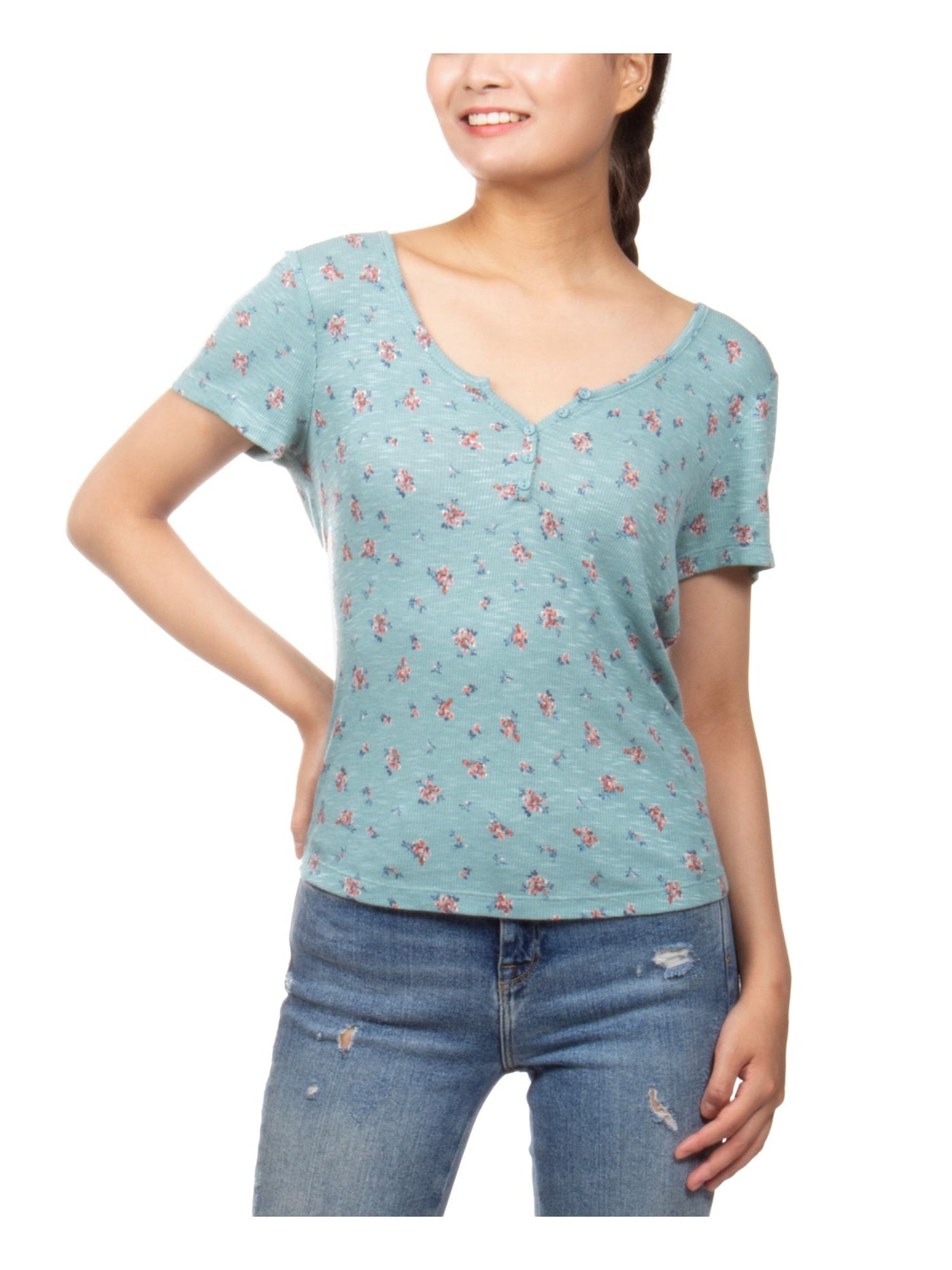 HIPPIE ROSE Womens Light Blue Floral Short Sleeve Top XL