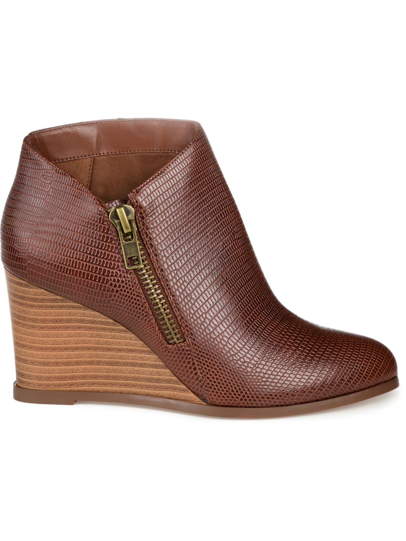 JOURNEE COLLECTION Womens Brown Snakeskin Cushioned Comfort Glam Almond Toe Wedge Zip-Up Booties 6.5 M