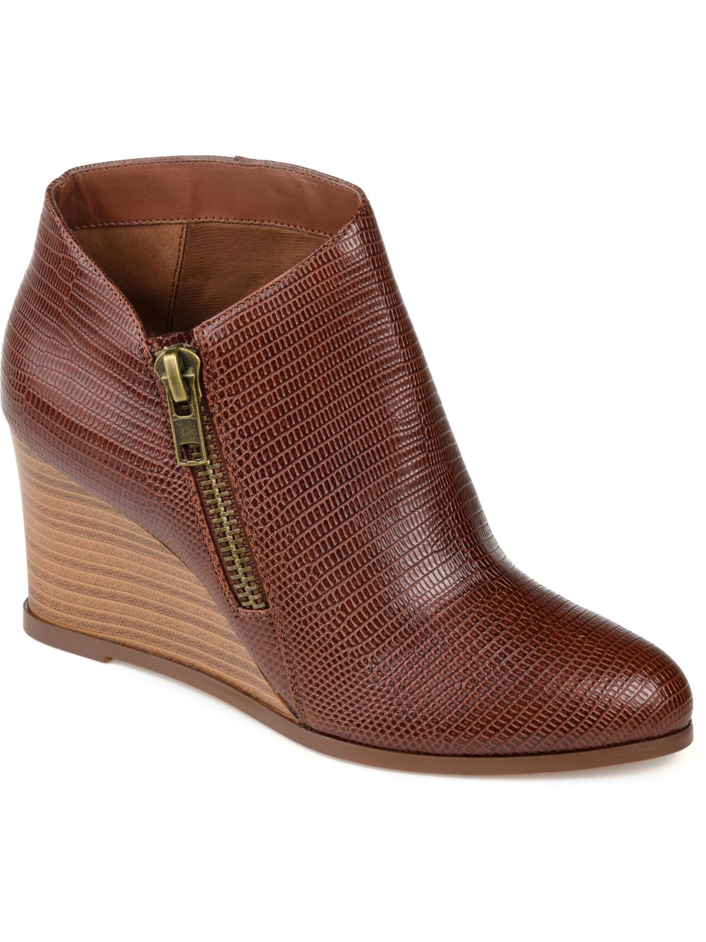 JOURNEE COLLECTION Womens Brown Snakeskin Cushioned Comfort Glam Almond Toe Wedge Zip-Up Booties 6.5 M