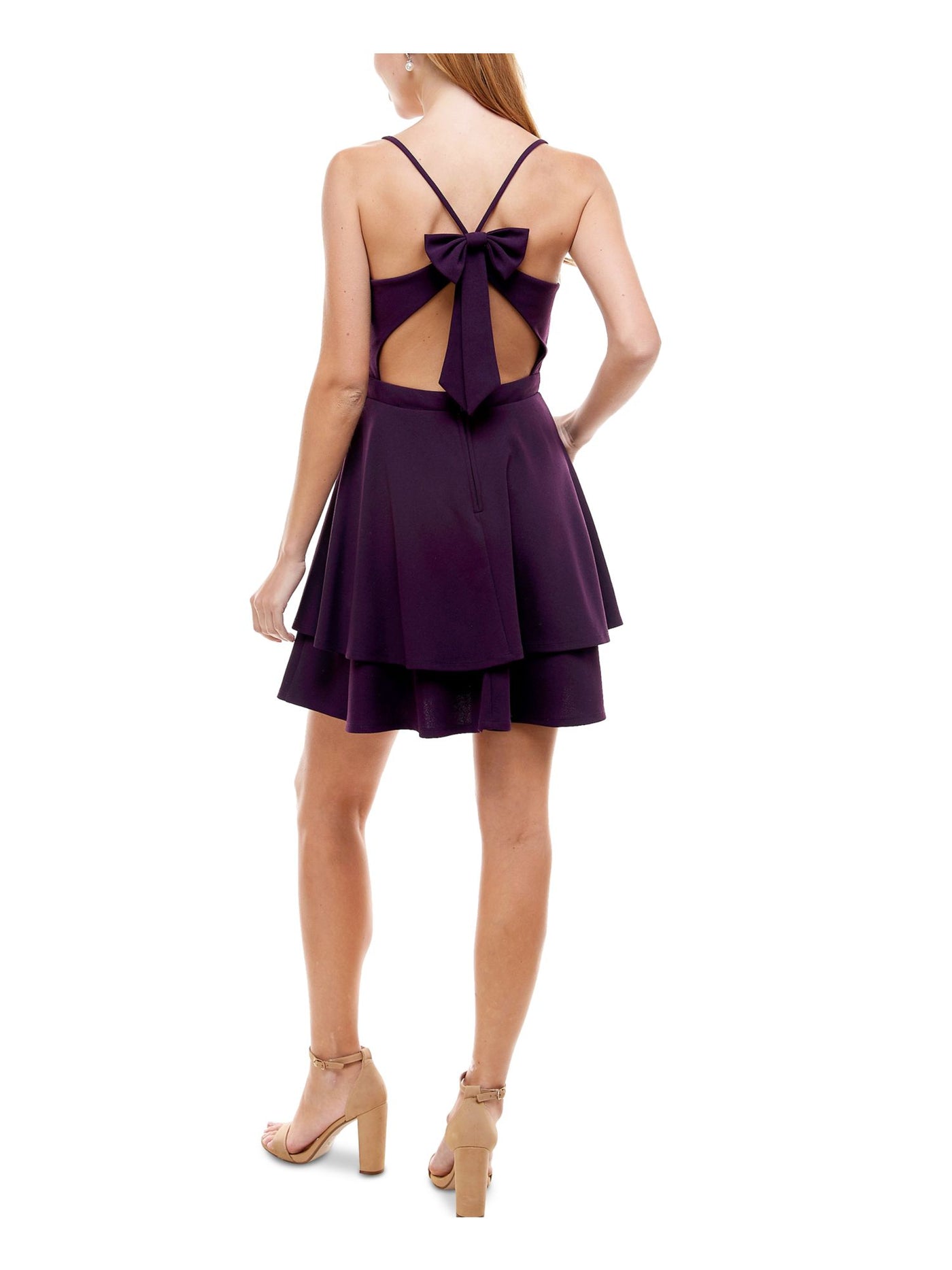 CITY STUDIO Womens Purple Zippered Bow Spaghetti Strap V Neck Short Party Fit + Flare Dress 15