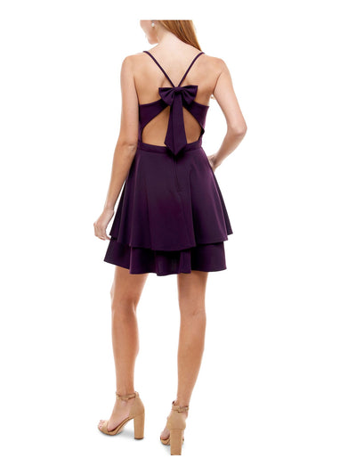 CITY STUDIO Womens Purple Zippered Bow Spaghetti Strap V Neck Short Party Fit + Flare Dress 15