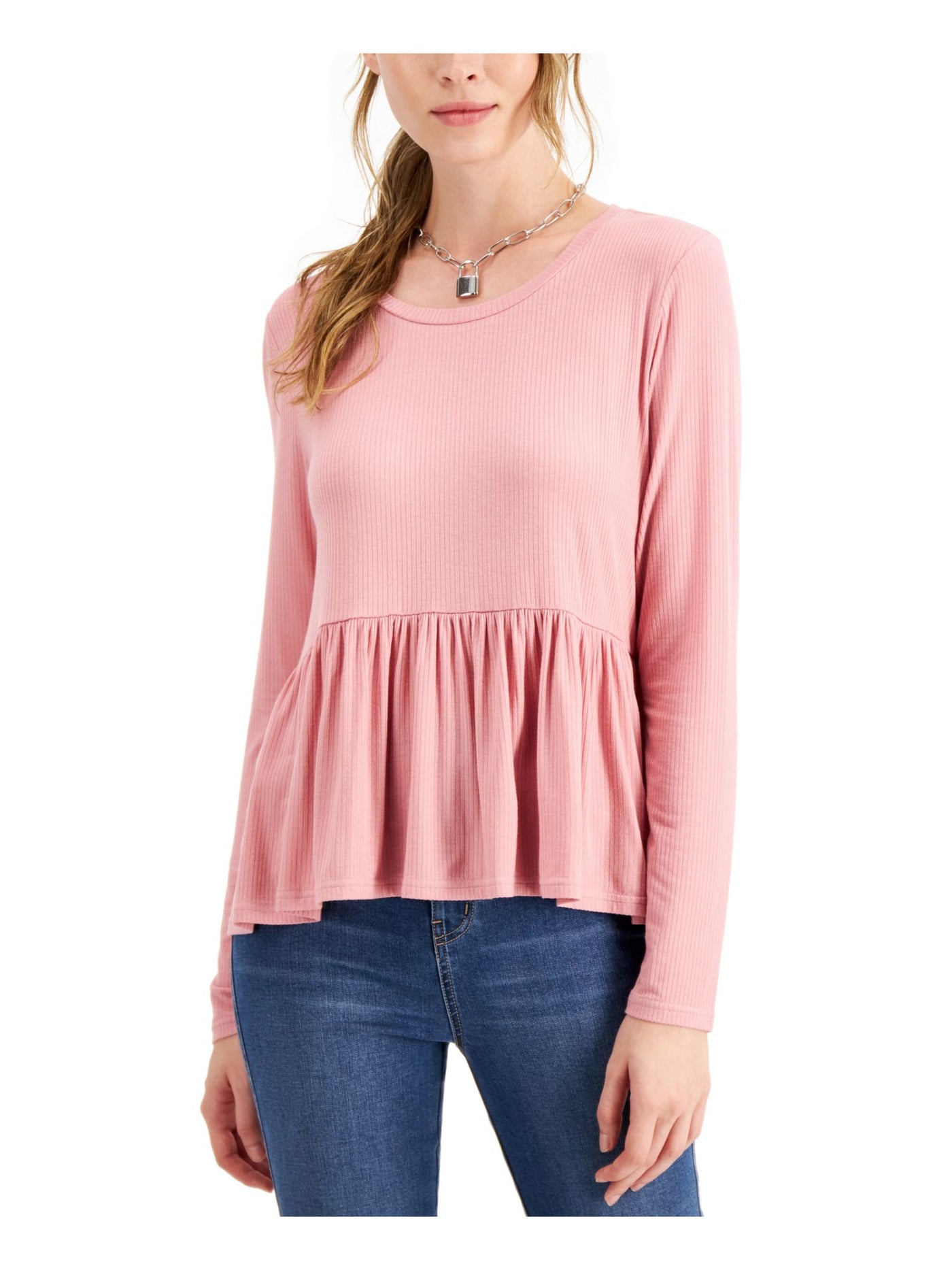 HOOKED UP Womens Pink Stretch Ribbed Textured Pinstripe Long Sleeve Jewel Neck Peplum Top M