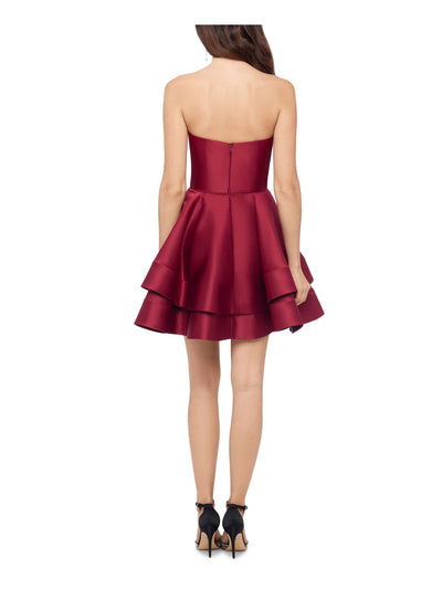 BLONDIE NITES Womens Maroon Ruffled Zippered Tiered Sleeveless Sweetheart Neckline Short Party Fit + Flare Dress 13