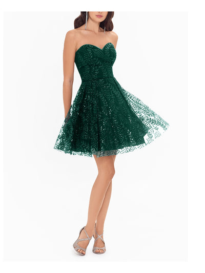 BLONDIE Womens Green Sequined Lace-up Back Sweetheart Neckline Micro Mini Party Fit + Flare Dress 1