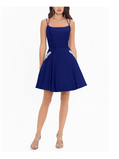 BLONDIE NITES Womens Blue Embellished Zippered Spaghetti Strap Scoop Neck Short Party Fit + Flare Dress 1