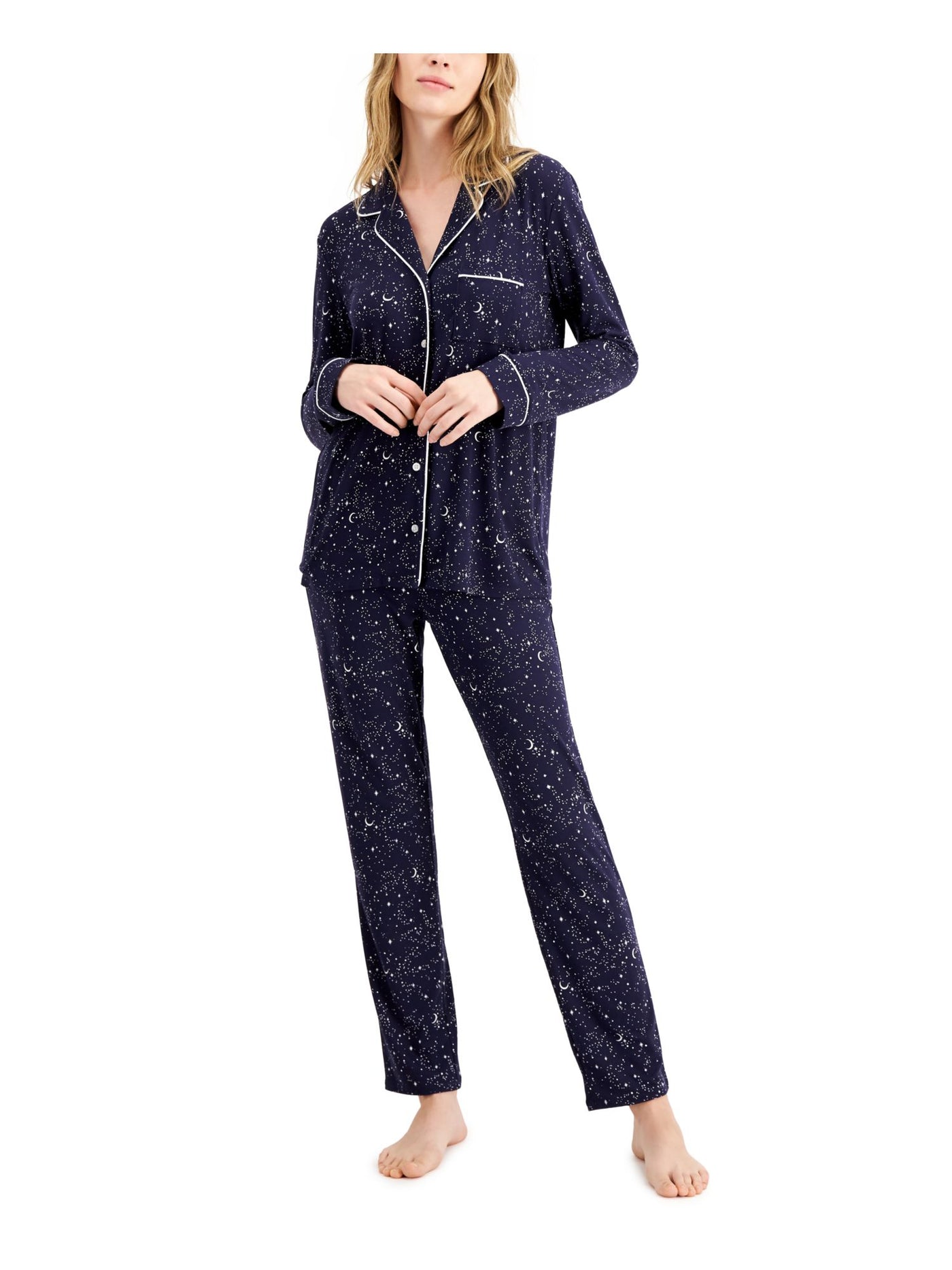 ALFANI Womens Navy Printed Notched Collar Long Sleeve Button Up Top Straight leg Pants Pajamas XS