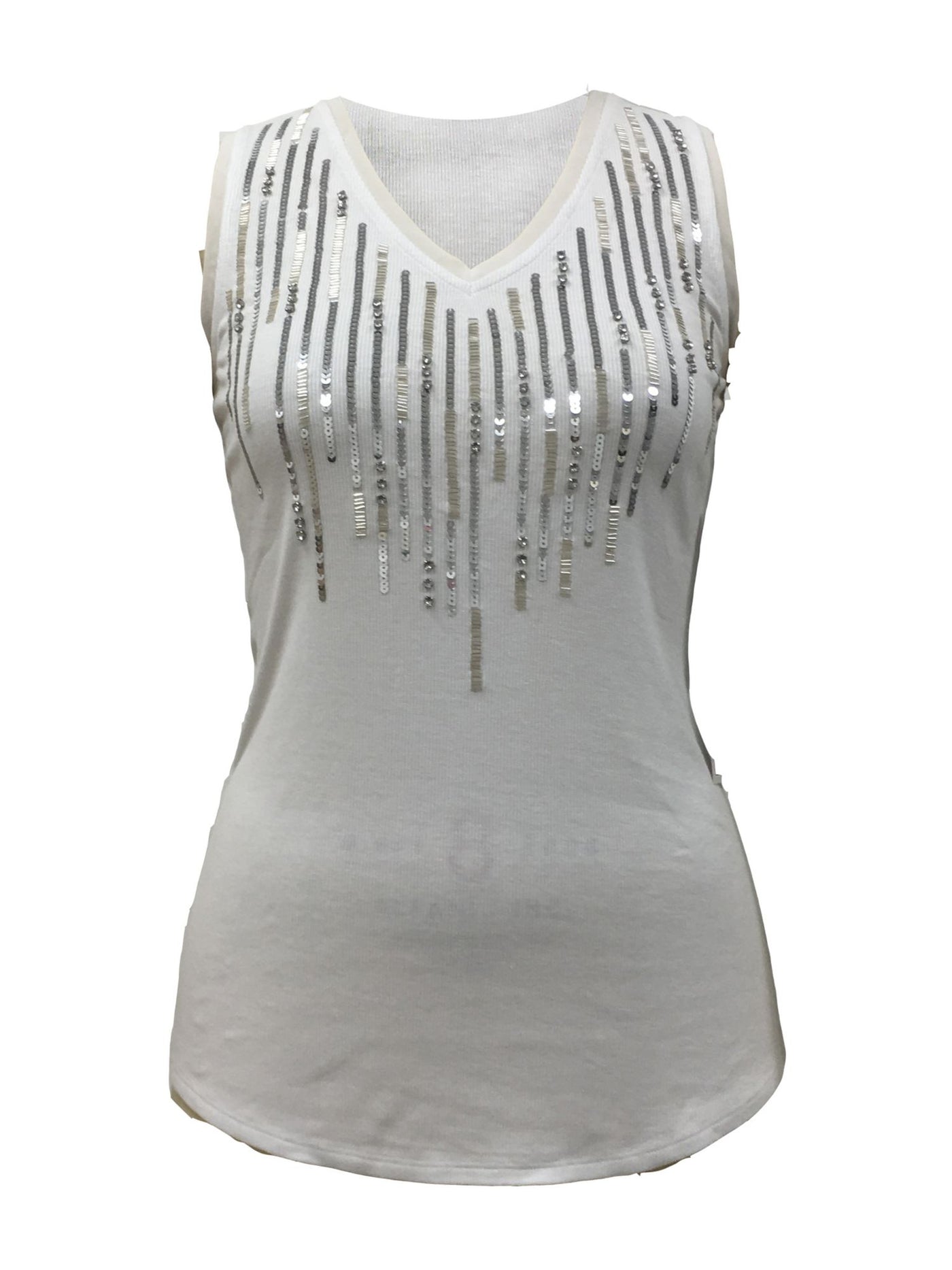 INC Womens Ivory Sequined Embellished Sleeveless V Neck Tank Top S