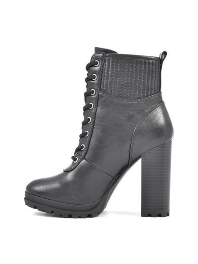 SEVEN DIALS Womens Black Back Pull Tag Ribbed Lug Sole Hugo Round Toe Block Heel Lace-Up Booties 8 M