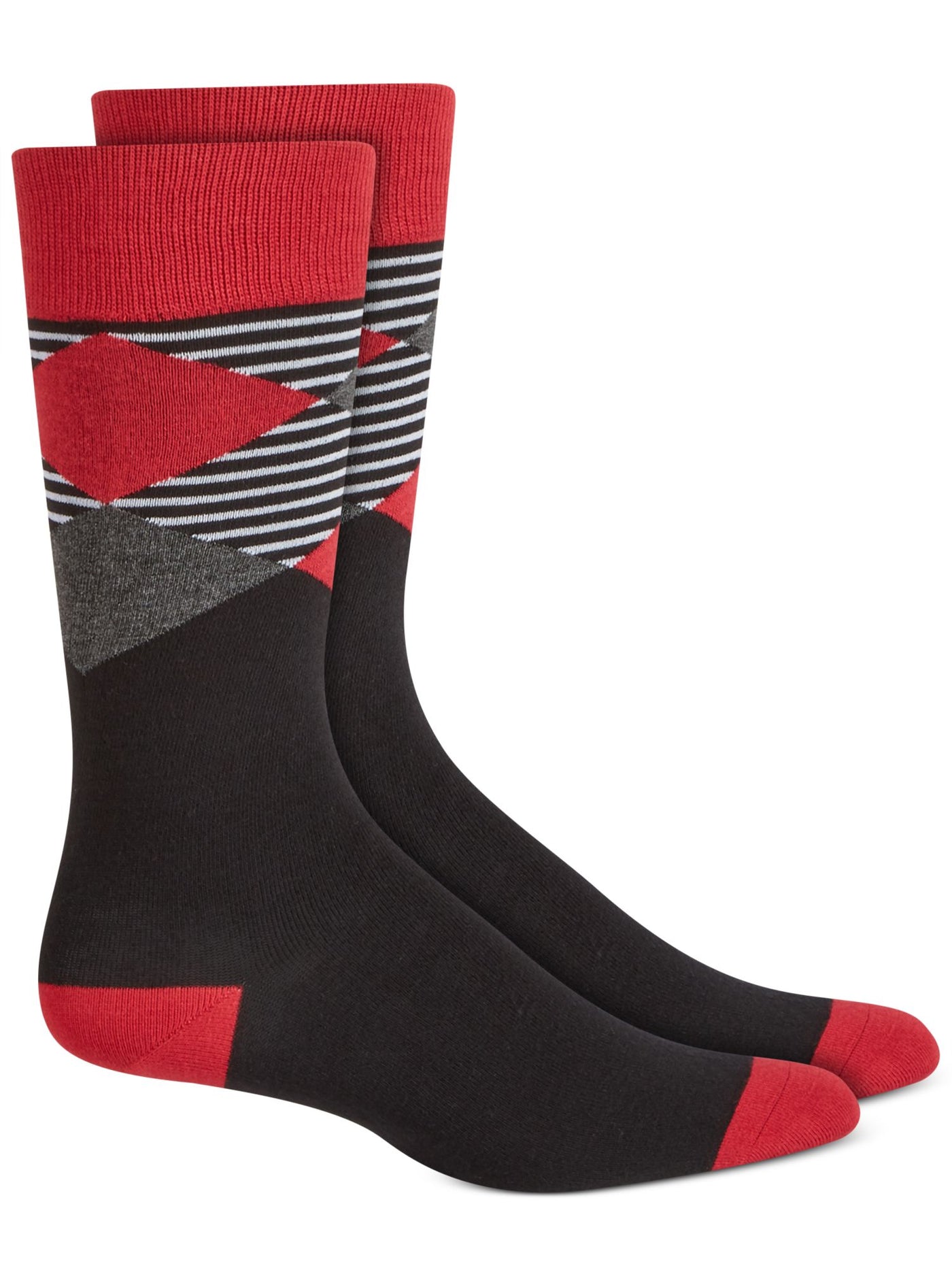 ALFATECH BY ALFANI Mens Black Rayon Argyle Striped Moisture Wicking Seamless Dress Crew Socks 7-12