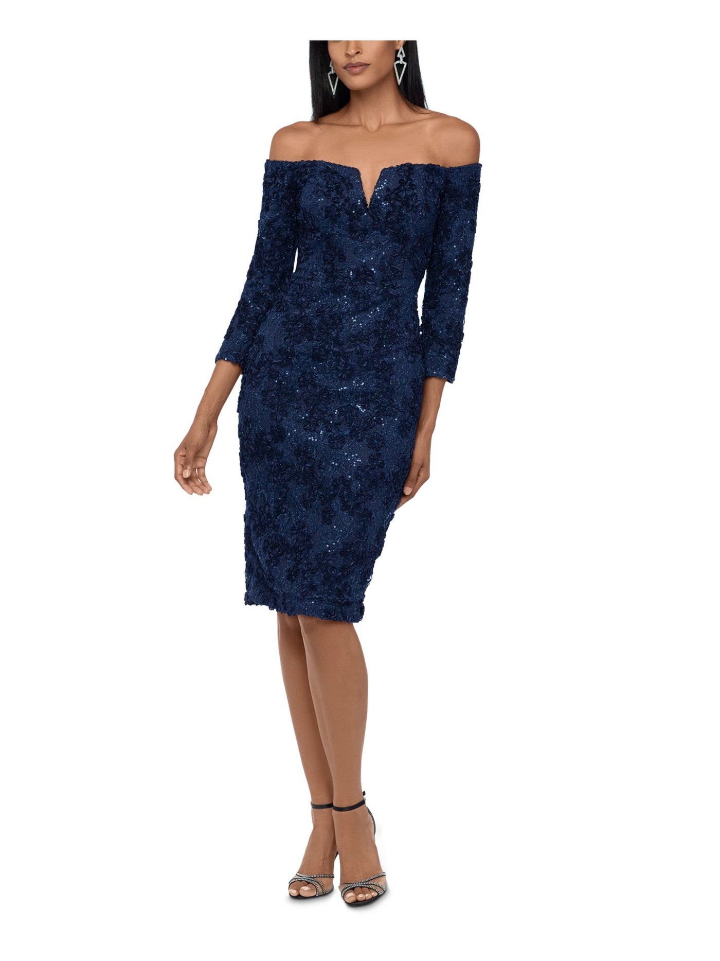 XSCAPE Womens Navy Sequined Lace 3/4 Sleeve Off Shoulder Knee Length Evening Body Con Dress 6