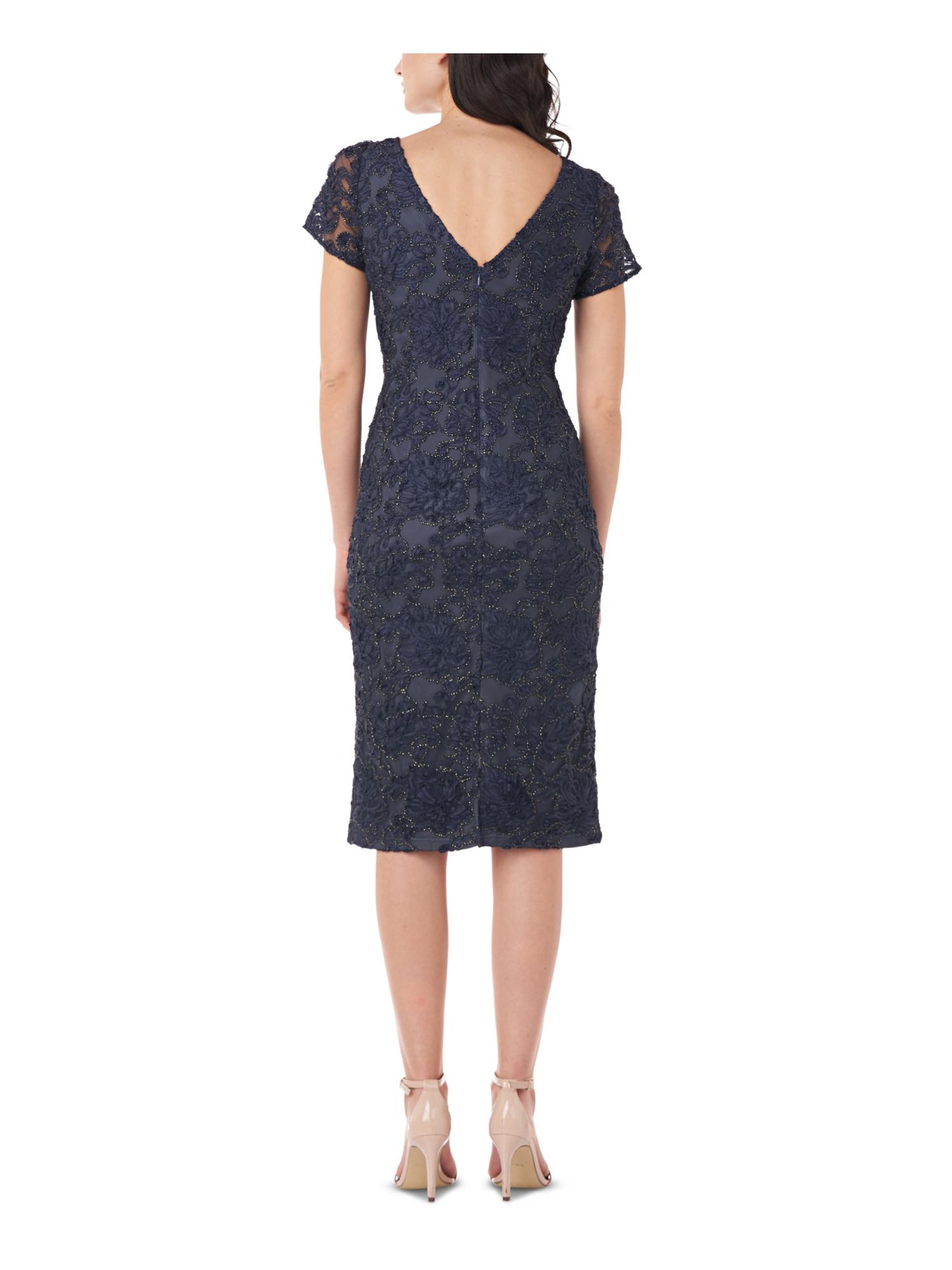 JS COLLECTIONS Womens Navy Zippered Embroidered Soutache Short Sleeve V Neck Knee Length Cocktail Sheath Dress 4