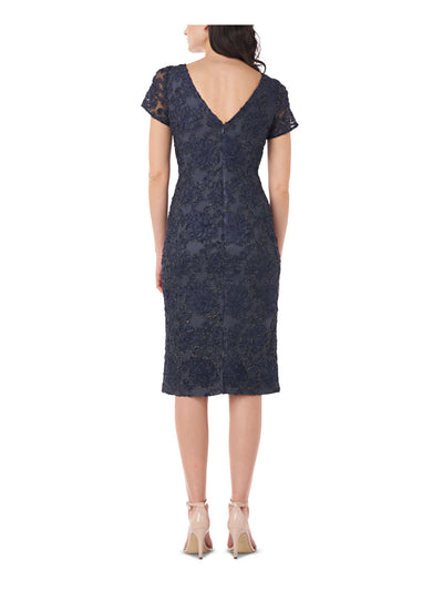 JS COLLECTIONS Womens Navy Zippered Embroidered Soutache Short Sleeve V Neck Knee Length Cocktail Sheath Dress 4