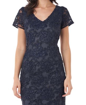 JS COLLECTIONS Womens Navy Zippered Embroidered Soutache Short Sleeve V Neck Knee Length Cocktail Sheath Dress 4