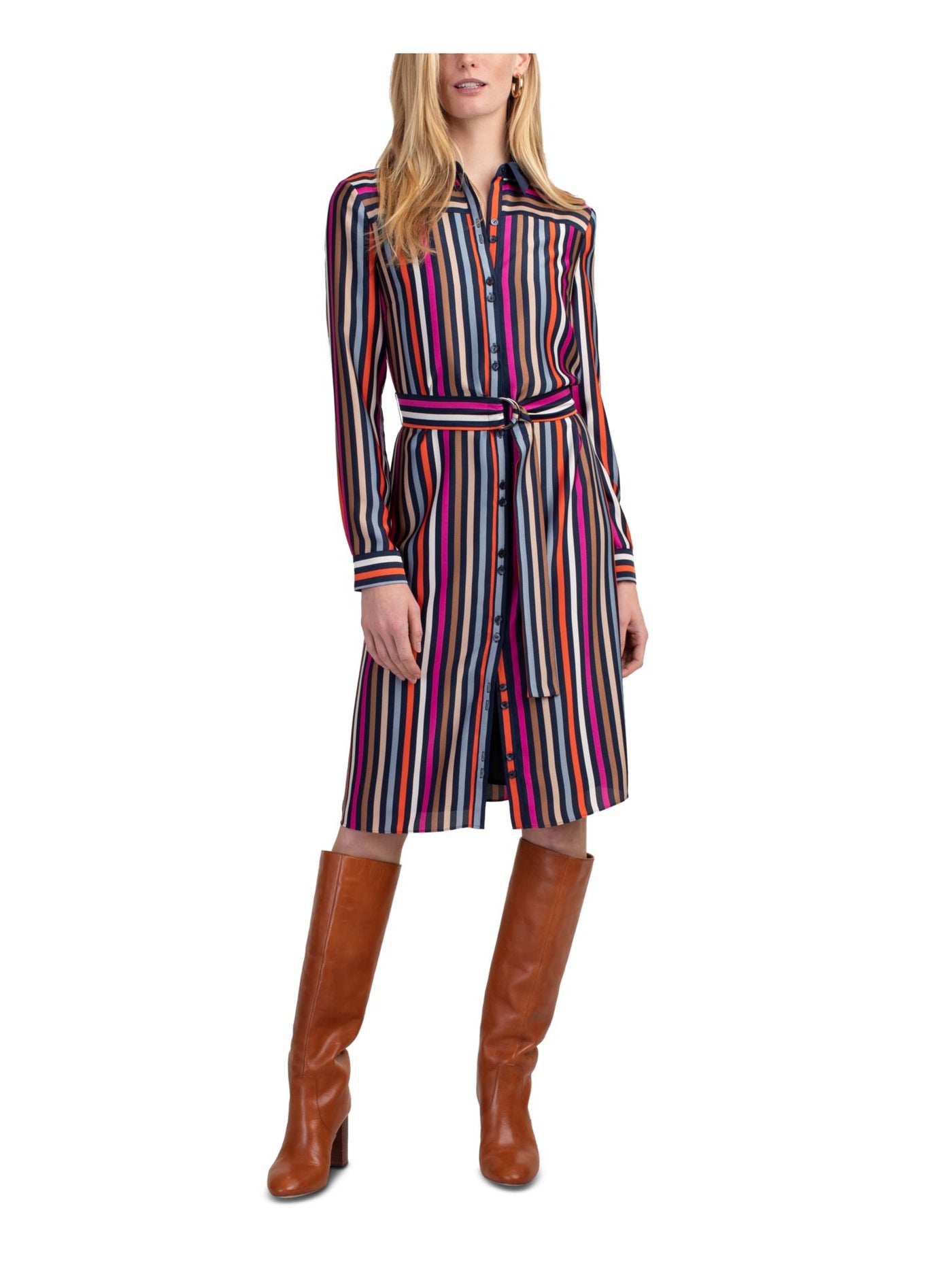 TRINA TURK Womens Navy Striped Cuffed Knee Length Shirt Dress Size: 0
