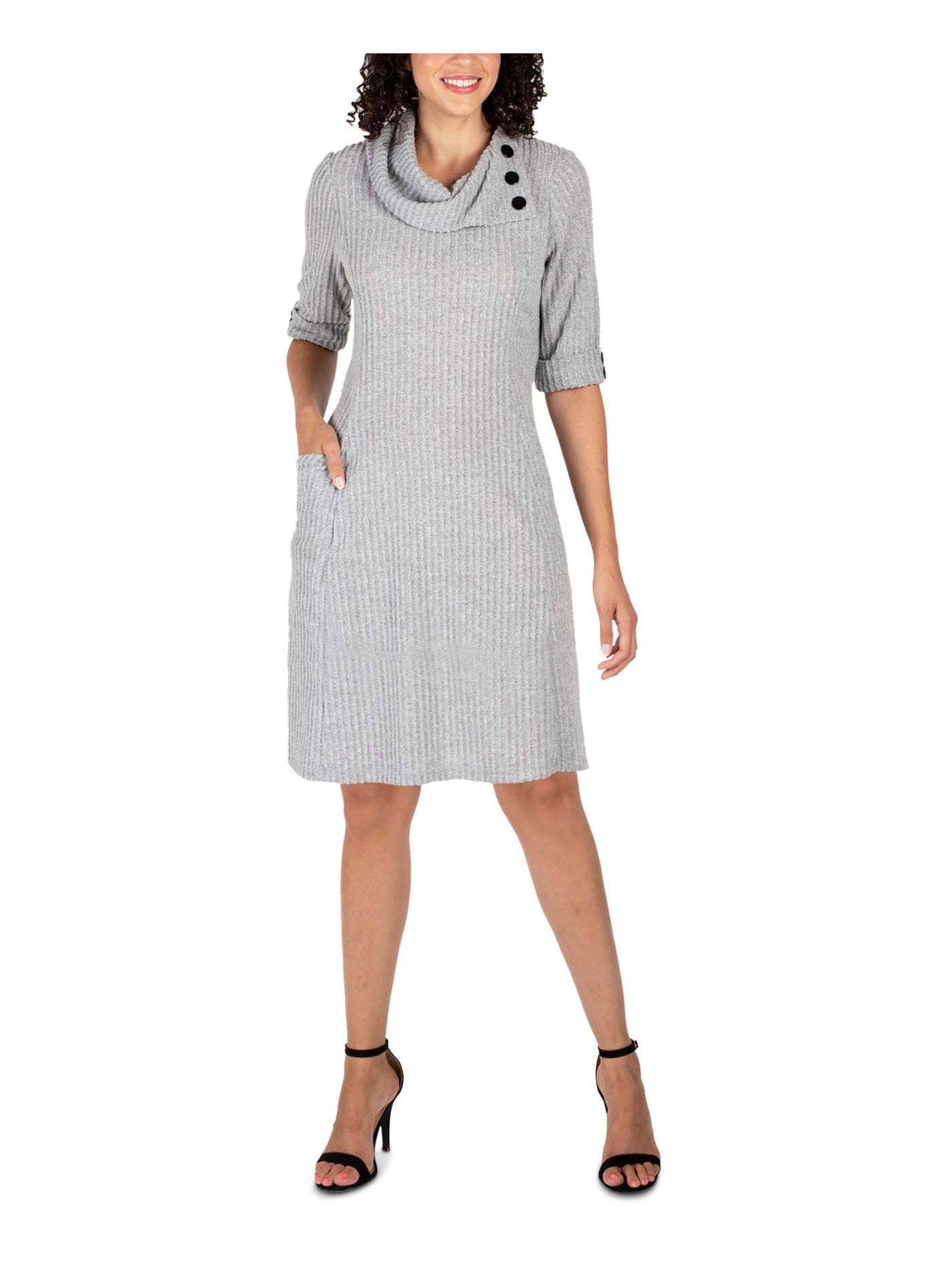 SIGNATURE BY ROBBIE BEE Womens Gray Pocketed Ribbed Button Detail Heather 3/4 Sleeve Cowl Neck Knee Length Sweater Dress S