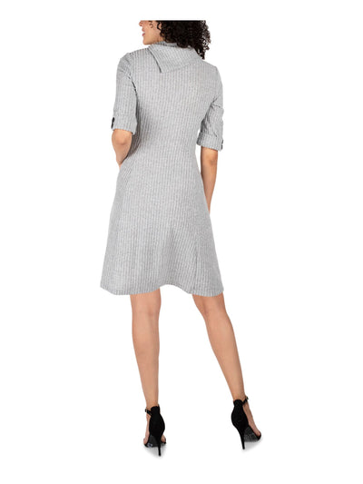 SIGNATURE BY ROBBIE BEE Womens Gray Pocketed Ribbed Button Detail Heather 3/4 Sleeve Cowl Neck Knee Length Sweater Dress S