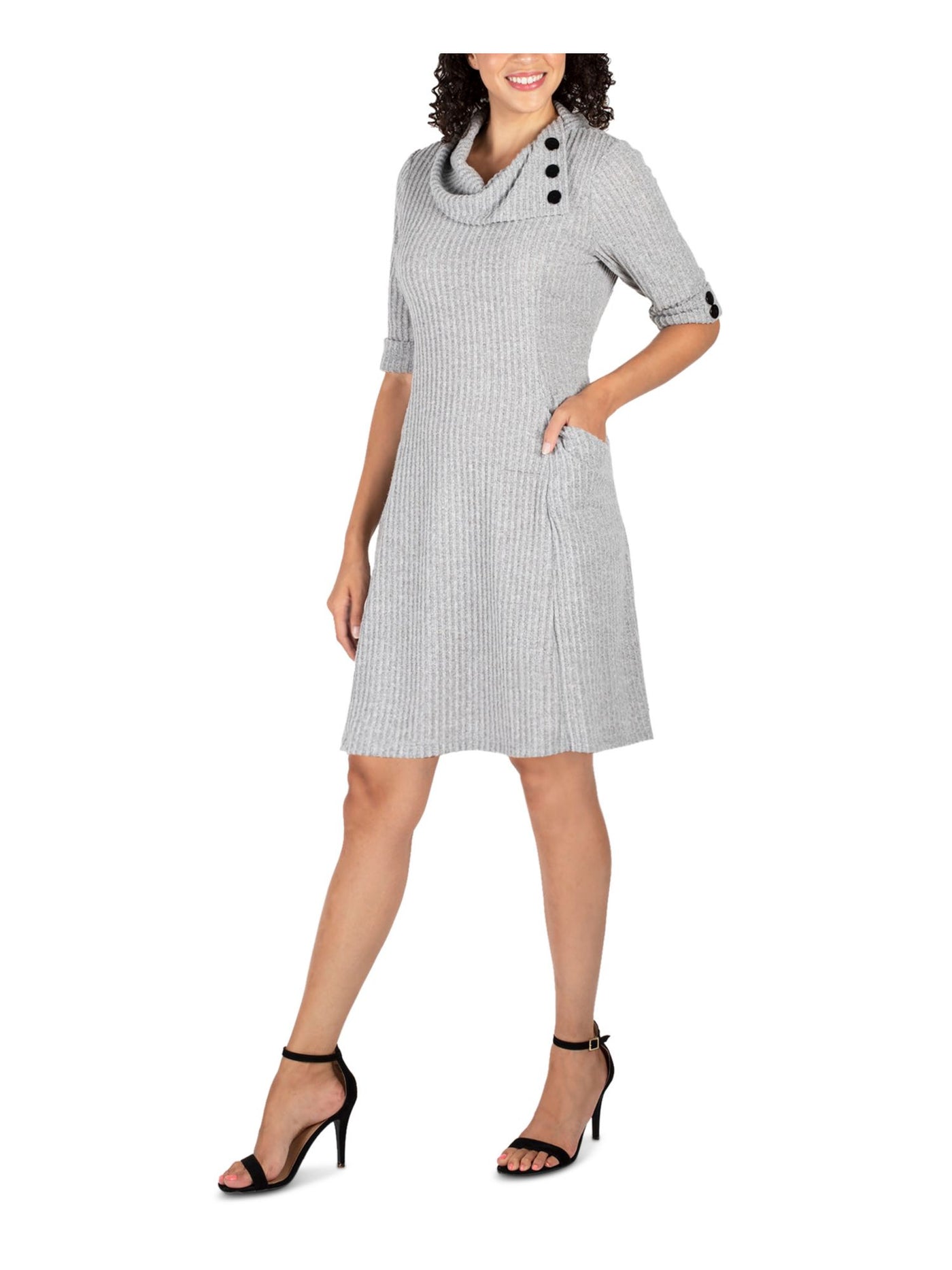 SIGNATURE BY ROBBIE BEE Womens Gray Pocketed Ribbed Button Detail Heather 3/4 Sleeve Cowl Neck Knee Length Sweater Dress S