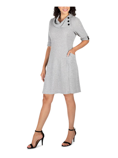 SIGNATURE BY ROBBIE BEE Womens Gray Pocketed Ribbed Button Detail Heather 3/4 Sleeve Cowl Neck Knee Length Sweater Dress S