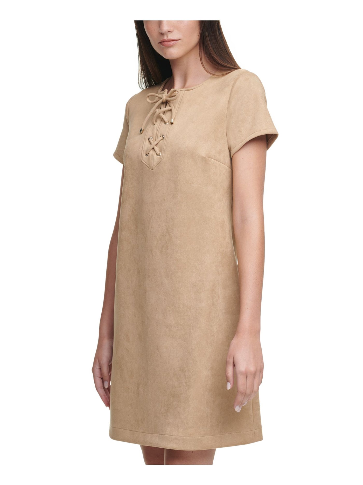 TOMMY HILFIGER Womens Faux Suede Short Sleeve Jewel Neck Above The Knee Shift Dress