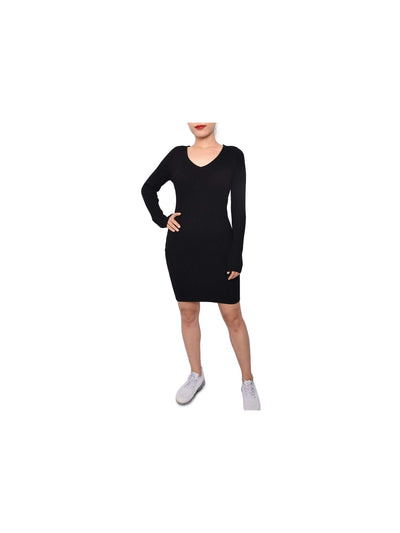 PLANET GOLD Womens Black Long Sleeve V Neck Above The Knee Body Con Dress L