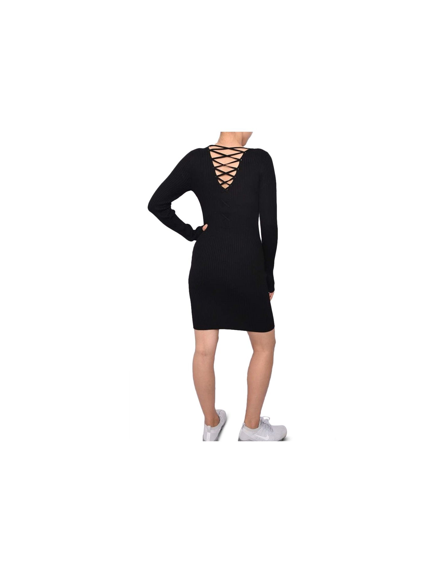PLANET GOLD Womens Black Long Sleeve V Neck Above The Knee Body Con Dress L
