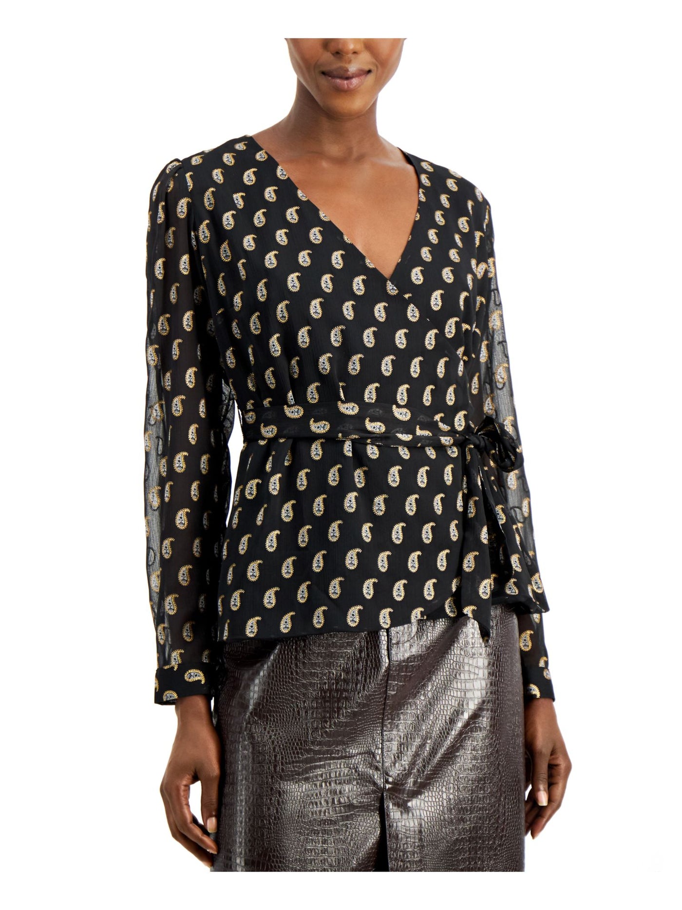 INC Womens Black Tie Sheer Printed Long Sleeve Surplice Neckline Top XS
