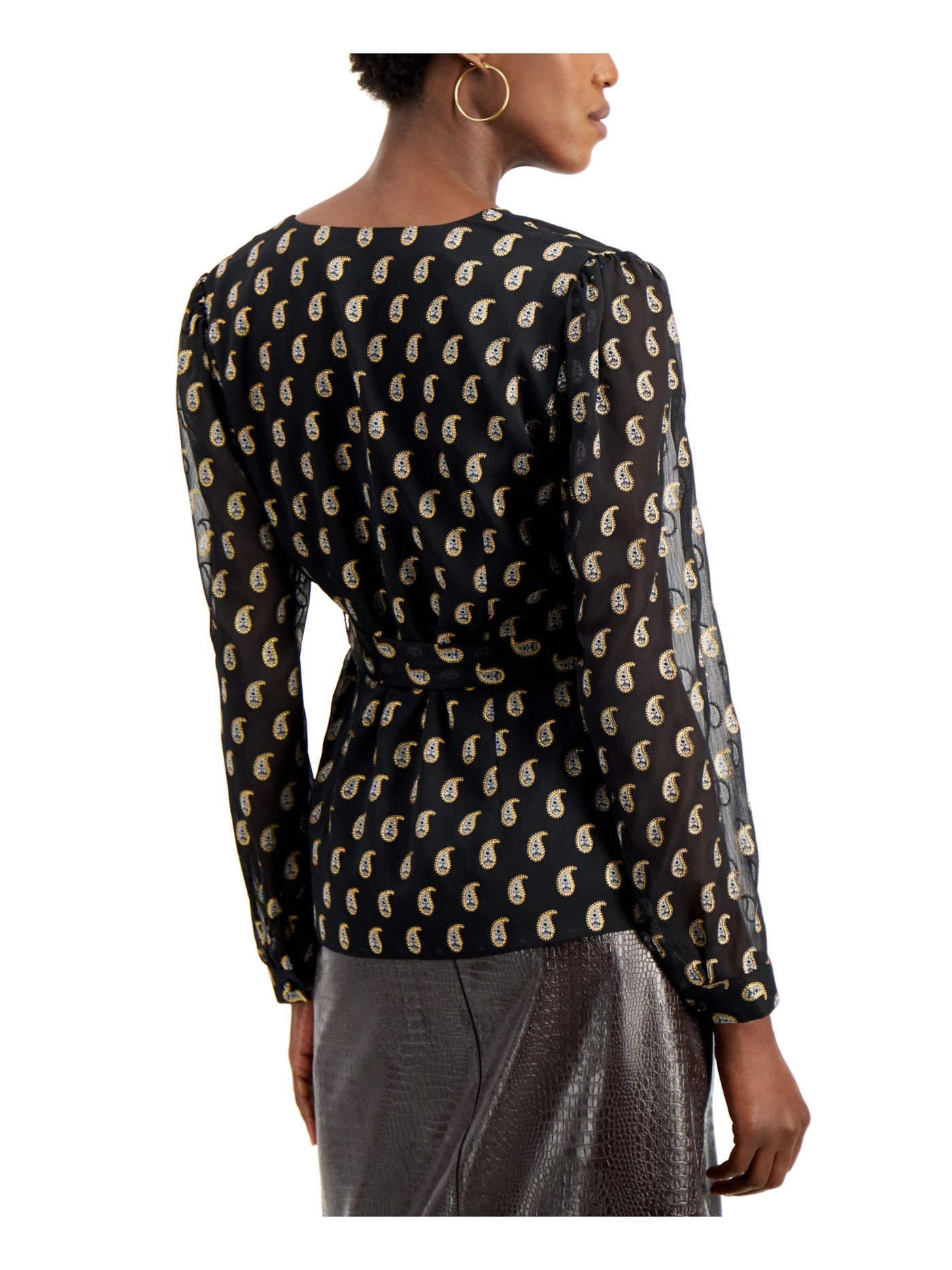 INC Womens Black Tie Sheer Printed Long Sleeve Surplice Neckline Top XS