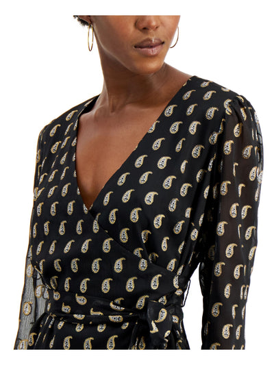 INC Womens Black Tie Sheer Printed Long Sleeve Surplice Neckline Top XS